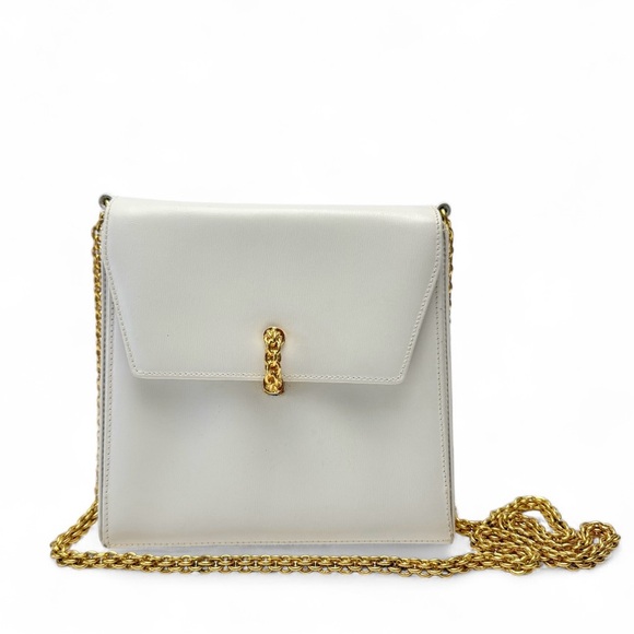 Vintage Paloma Picasso White Leather Gold Chain Crossbody Shoulder Bag Purse